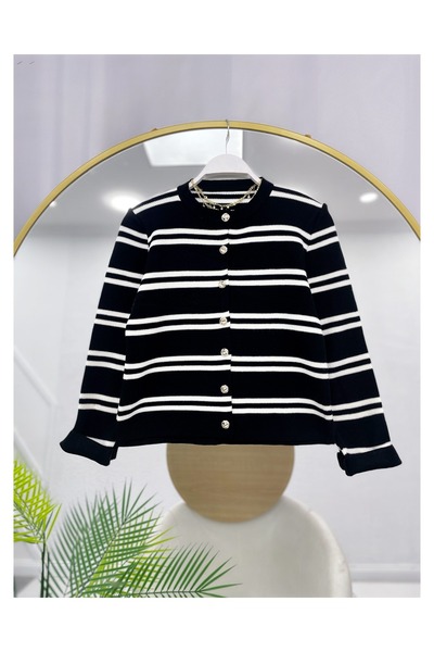 YEDİLALE Stripe Buttoned Knitwear Cardigan Puff Skirt Double Set [Cardigan Is Standard Size, Skirt Is Fitted]