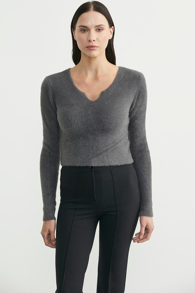 Sementa Soft Crop Knit Sweater with Collar Detail - Smoked