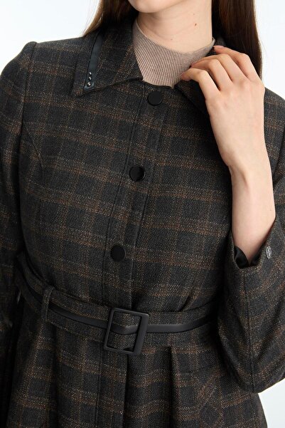 Zühre Plaid Patterned Belt Detailed Black Top Coat 13951