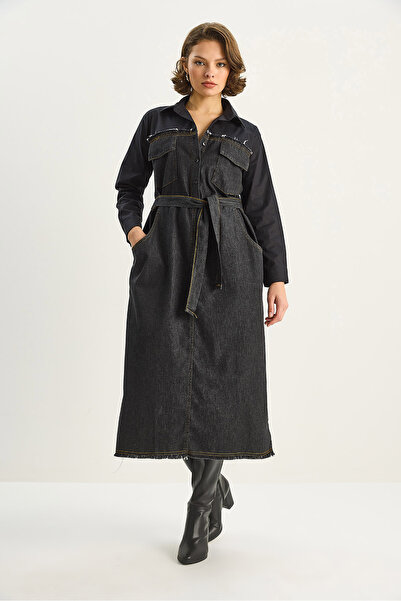Bianco Lucci Women's Shirt Collar Denim Dress with Belt 8171 60351337