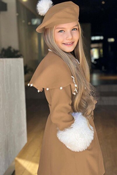 Riccotarz Şal brodat cu perle pentru fete, cu detaliu de şal, cu centură, bej