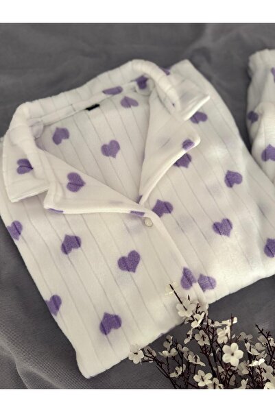 MH Moony Homewears Yalaza Lila Kalpli Kışlık Termal Polar Kumaş Pijama Takımı