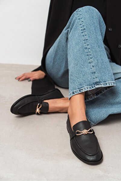 NİŞANTAŞI SHOES Abel Black Matte Genuine Leather Buckle Detailed Flat Sole Women's Loafer Shoes