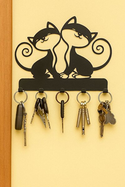 VENON Black Cats in Love 2 Cats Metal Keychain Hanger Modern Wall Decor with Hanger