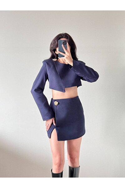 LOCH BUTİK Women's Navy Blue Jacket Skirt Shorts Two-Piece Set