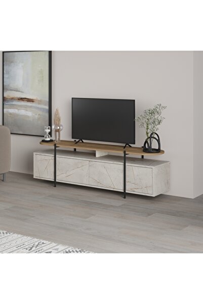 Mourah Home Mourah Hanley Tv Stand Up To 65 Inches - Grey with Gold Effect/ Brown- 2 Years Warranty