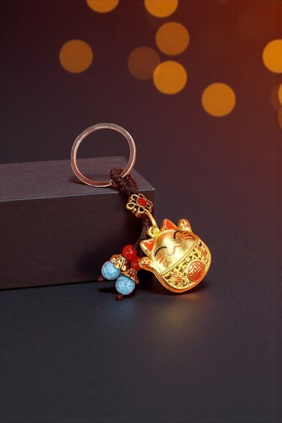 HEDİYE FİKRİ Feng Shui Fortune and Prosperity Cat Metal Keychain - Maneki Neko Gold Lucky Cat Keychain