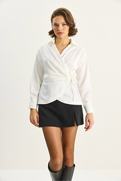 Bianco Lucci Women's Double-Breasted Side Tie Satin Shirt 2133 60283752