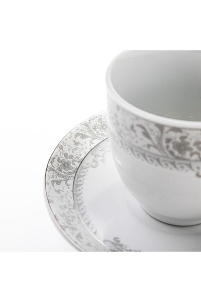 Malooki Set of 6 Espresso Cups, Fine Porcelain, with Saucers, Elegant Silver Floral Design, 160 ml, 7x7.5x9.
