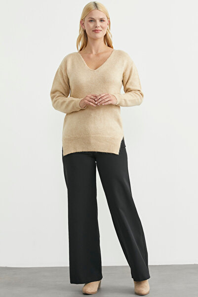 Sementa Pulover tricotat cu textura moale cu decolteu în V - Caramel