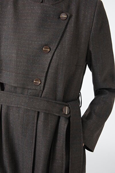 Zühre Hakim Collar Button Detailed Belted Brown Overcoat 14001
