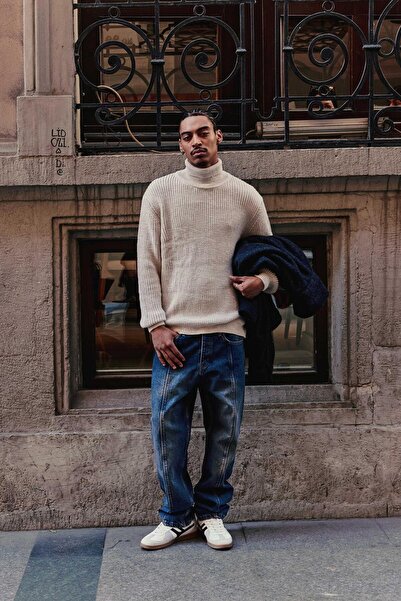 ablukaonline Men's Oversized Turtleneck High Neck Sweater Beige