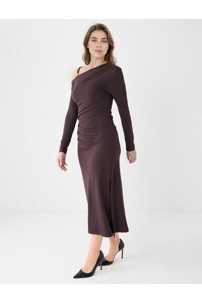 Jimmy Key Acı Kahve Asimetrik Yaka Uzun Kollu Örme Midi Elbise