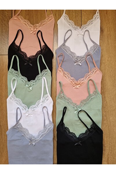 Demirsa Boutique Lace Cotton Stretch Fabric V-Neck String Strap Women's Undershirt Pack of 10