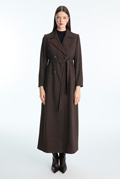 Zühre Rose Pattern Detailed Brown Overcoat 13957