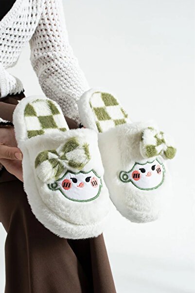 morscho Women's Winter Plush Slippers with Bow Tie and Checkerboard Pattern