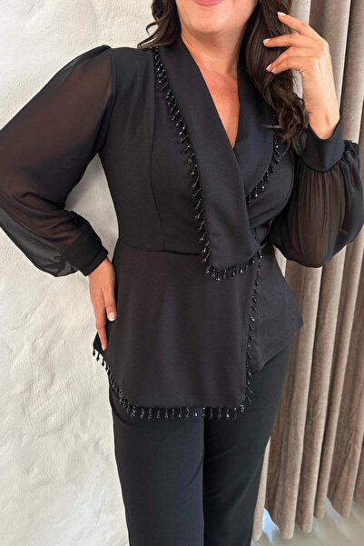 ZISHAN Μπλούζα με ασύμμετρο σακάκι με μαύρο σιφόν με μανίκια με χάντρες 024B