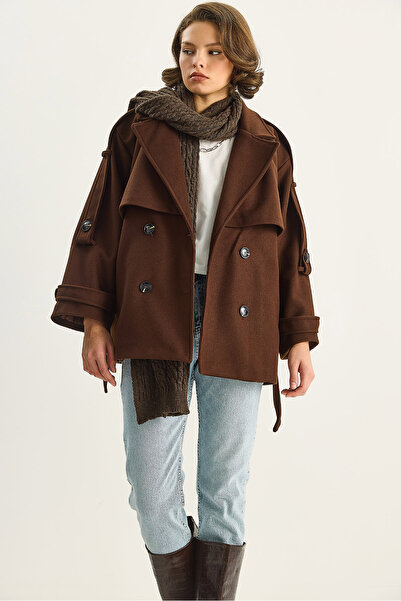 Bianco Lucci Women's Epaulet Detailed Lined Belted Pocketed Short Cashmere Coat 2026 60283711