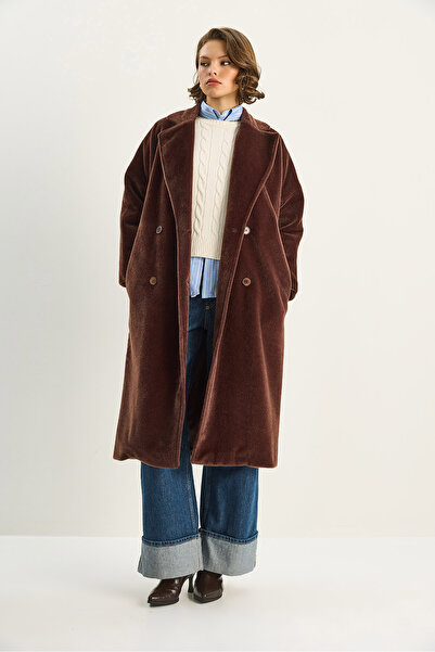 Bianco Lucci Women's Bearded Soft Textured Double-Breasted Collar Lined Pocket Detailed Belted Coat 7021 60283753