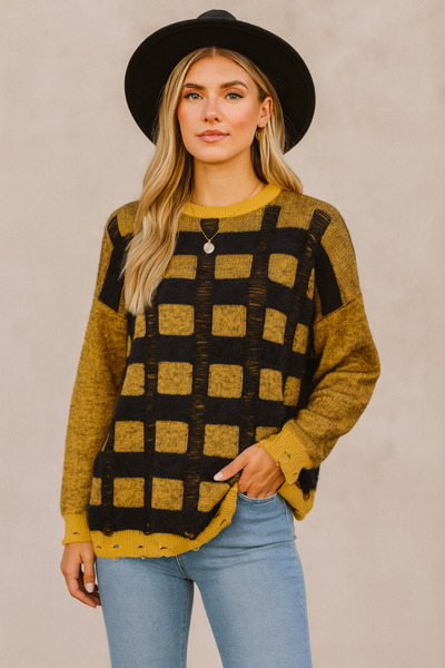 Minora Minoralady Women's Soft Square Pattern Oversized Soft Textured Bearded Knitwear Sweater Mustard