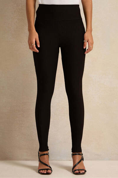 REDTAG Women Black Ribbed Leggings