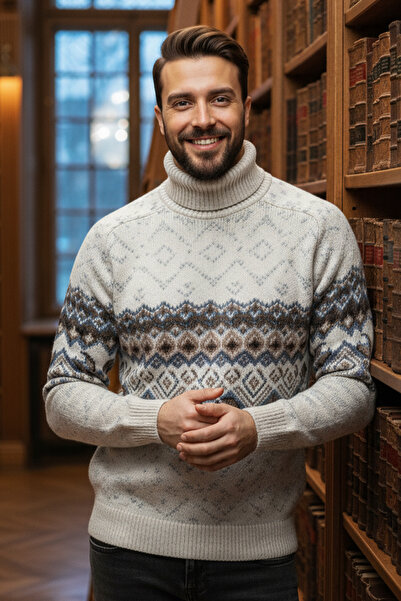 Pulltonic Erkek Desenli Balıkçı Yaka Kazak | %68 Kuzu Yünü