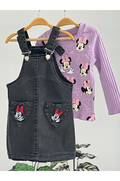 LİLLYPİCCA Girl's Printed Corded Fabric Badi and Embroidered Denim Salopet Set