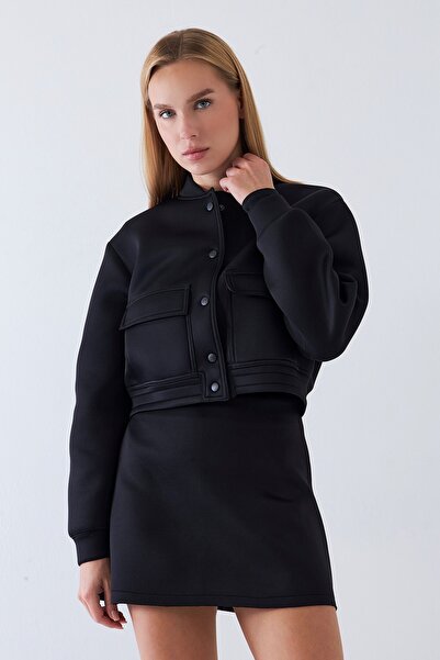 The Champ Clothing Women's Black Scuba Jacket – Thick Fabric, Non-See-Through, Closed Model with Pockets