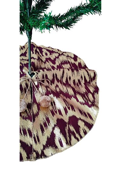MODA NUR Christmas Tree Underlay, Pine Tree Foot Mat Cover, Burgundy Color, Gold Leaf Pattern, 65 cm