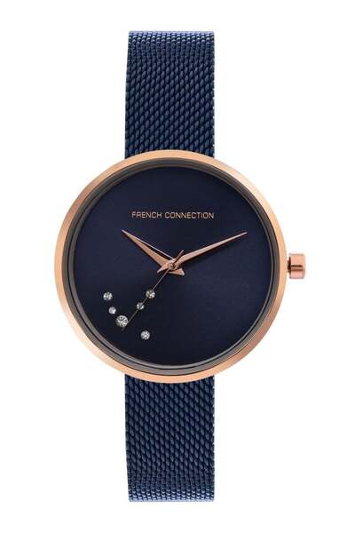 French Connection ساعة نسائية بمينا تناظرية، زرقاء، من الفولاذ المقاوم للصدأ