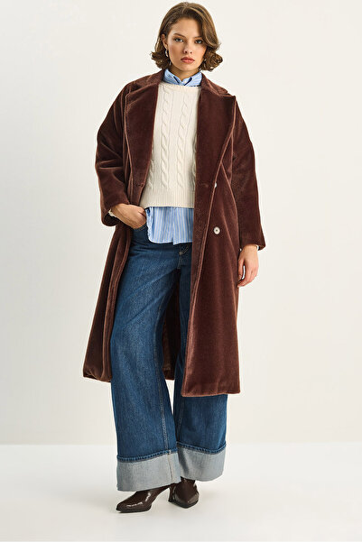 Bianco Lucci Γυναικείο παλτό με μαλακή υφή με διπλό πέτο γιακά, με λεπτομέρεια τσέπης με ζώνη 7021 60283753