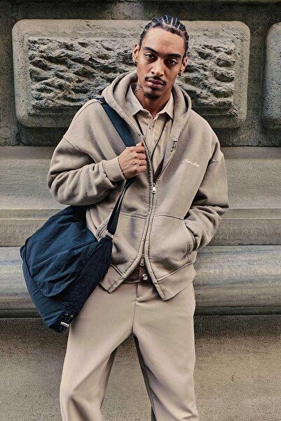 ablukaonline Ανδρικό φούτερ Relax Fit Washable με κουκούλα Σκούρο Μπεζ