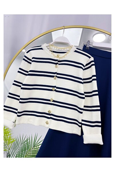 YEDİLALE Stripe Buttoned Knitwear Cardigan Puff Skirt Double Set [Cardigan Is Standard Size, Skirt Is Fitted]