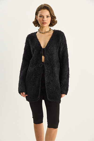 Bianco Lucci Women's Bearded Soft Textured Tie Detailed Knitwear Cardigan 9064 60283754