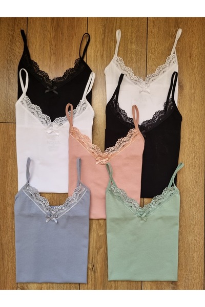 Demirsa Boutique Women's 7-Pack Lace Cotton String Strap Tank Top Blue, Green, Powder, 2 Black, 2 White