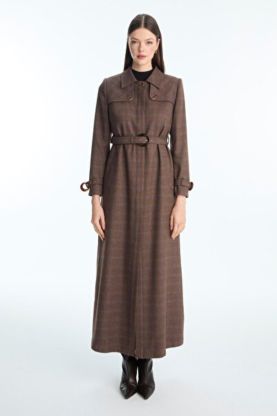 Zühre Plaid Patterned Belted Tan Overcoat 13927