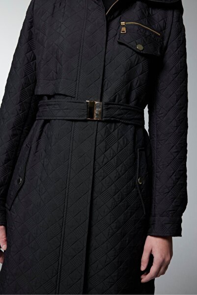 Zühre Hooded Black Topcoat with Zipper and Belt Detail 13993