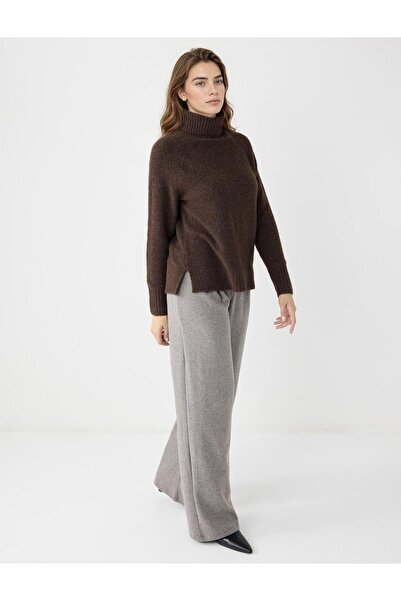 Jimmy Key Antrasit Melanj Yüksek Bel Bol Paça Yumuşak Dokulu Örme Pantolon