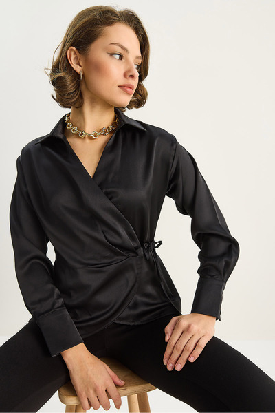 Bianco Lucci Cămașă din satin cu cu două rânduri de nasturi legături laterale pentru femei 2133 60283752