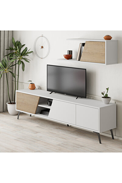 Mourah Home وحدة تلفزيون موراه فيونا حتى ٧٠ بوصة - أبيض/بلوط