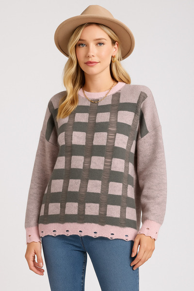 Minora Minoralady Women's Soft Square Pattern Oversized Soft Textured Bearded Knitwear Sweater Pedra-Grey