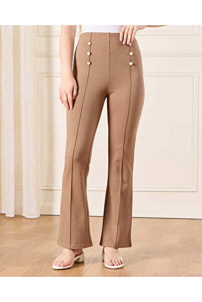 REDTAG Senior Girls Beige Flared Ponte Leggings With Front Buttons