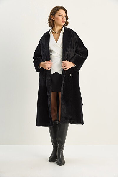 Bianco Lucci Women's Bearded Soft Textured Double-Breasted Collar Lined Pocket Detailed Belted Coat 7021 60283753