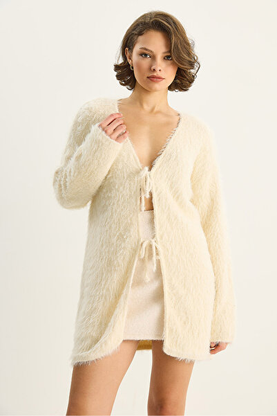 Bianco Lucci Women's Bearded Soft Textured Tie Detailed Knitwear Cardigan 9064 60283754