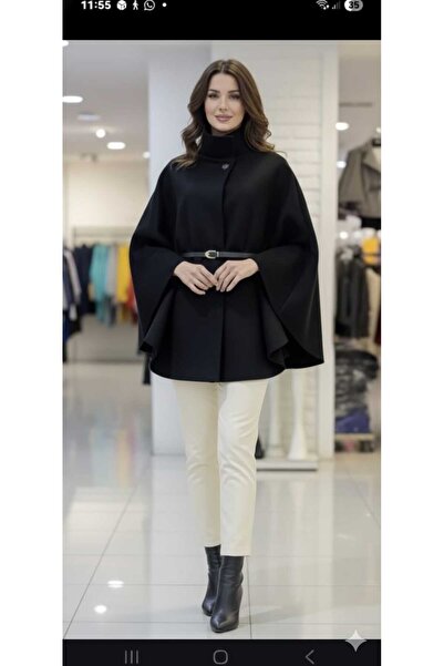 MODA Κορυφαίας ποιότητας χαλαρό μαύρο κασμιρένιο μανδύα με ζώνη