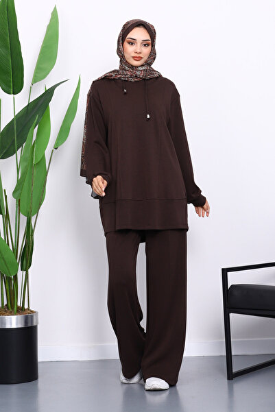 İmajButik Brown Hooded Tunic Pants Set