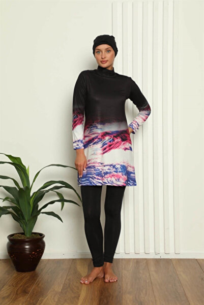 alfa expres Clothing Full Hijab Digital Patterned Swimsuit Black