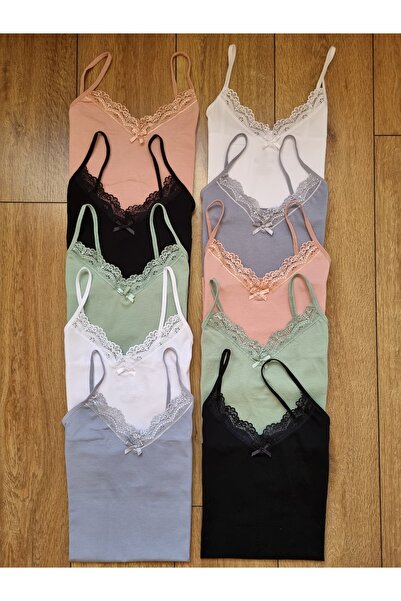 Demirsa Boutique Lace Cotton Stretch Fabric V-Neck String Strap Women's Undershirt Pack of 10