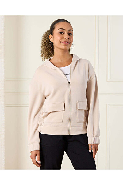 REDTAG Senior Girls Beige Zipper Front Hooded Sweatshirt