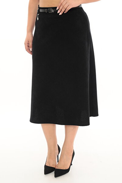 EXİTLİNE Women's Winter Classic Velvet Black Skirt with Belt and Accessories